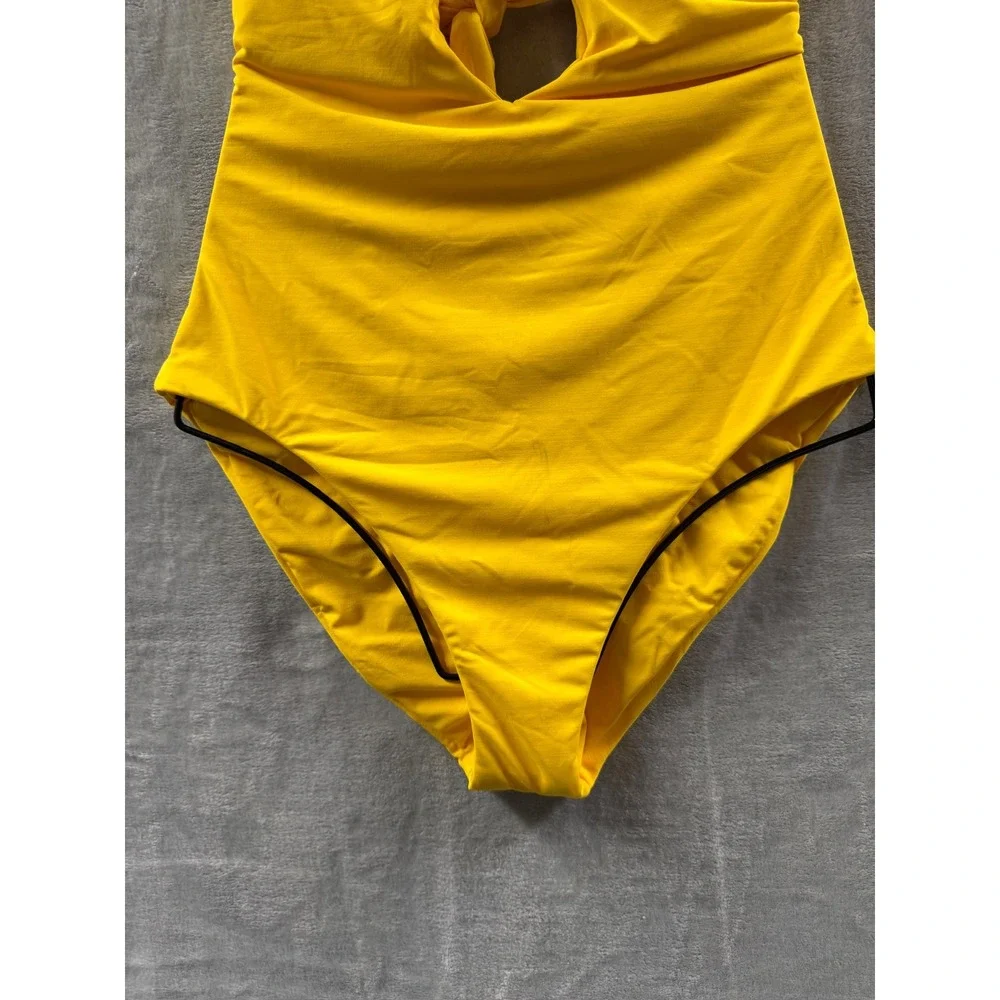 Becca Yellow Beaded Ring One Piece Swimsuit Plunge V-Neck Cross Back Cutout  L
